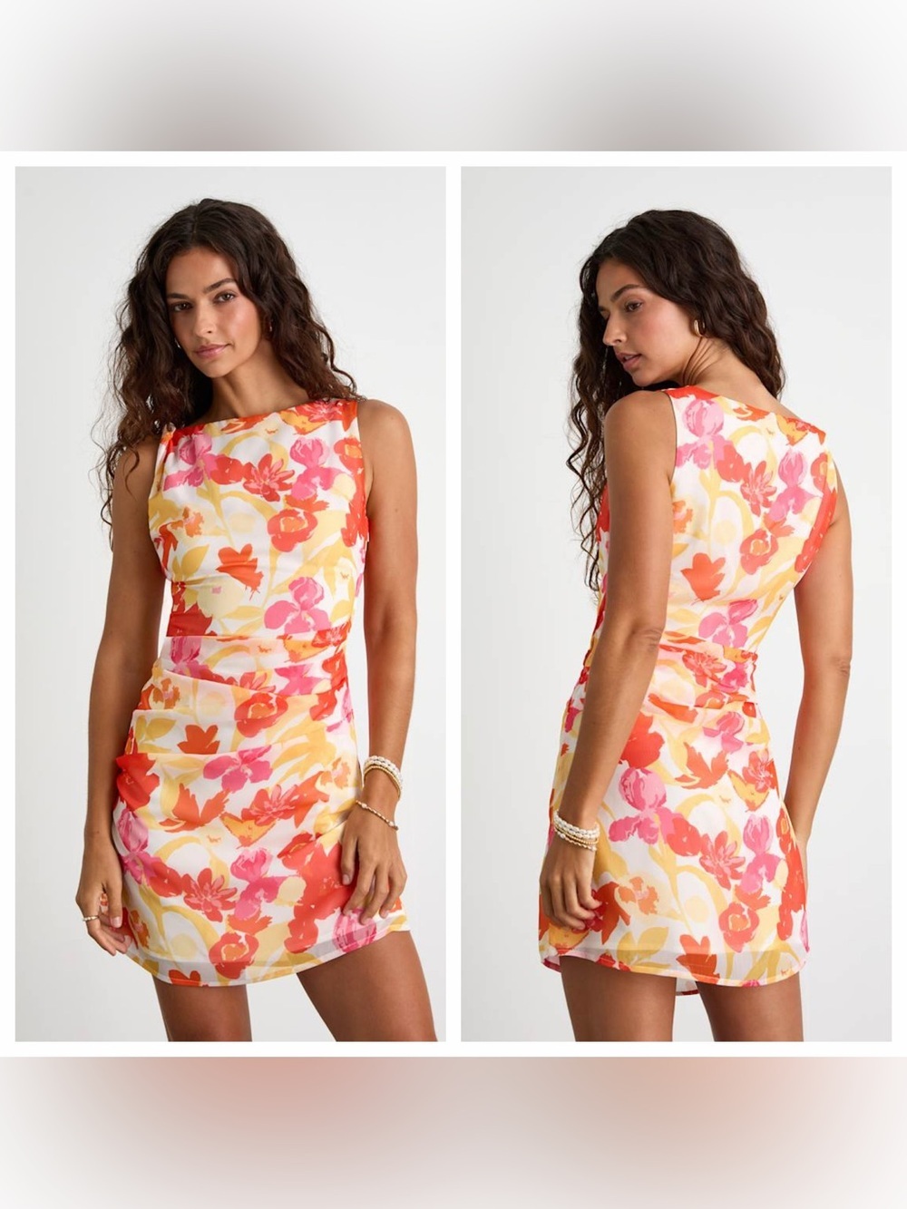 Lulu's Roanes Orange Floral Boat Neck Pleated Mini Dress